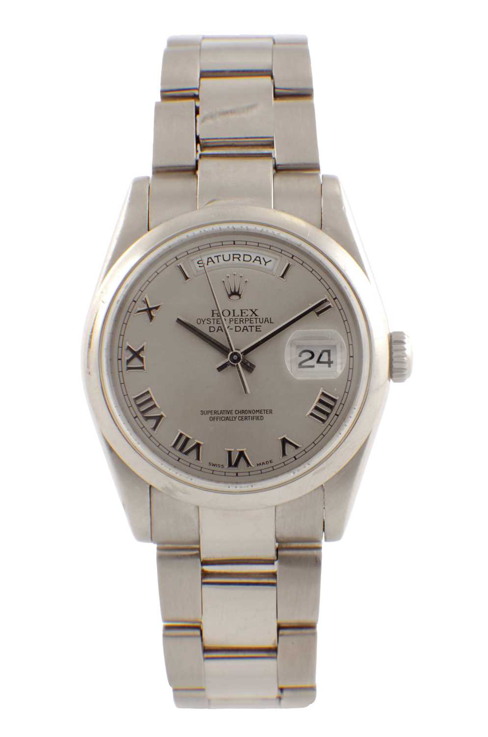 Lot 1446 - A GENTLEMAN’S 18CT WHITE GOLD ROLEX DAY DATE WRIST WATCH
