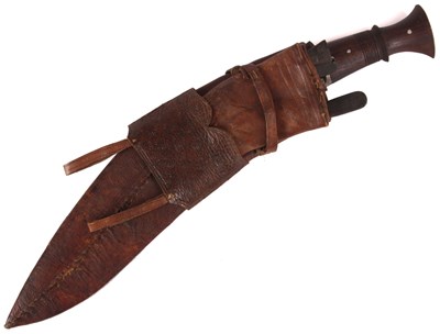 Lot A 19TH CENTURY NEPALESE MACHETTI WITH LEAF ENGRAVED STEEL BLADE AND RIVETED ROSEWOOD HANDLE