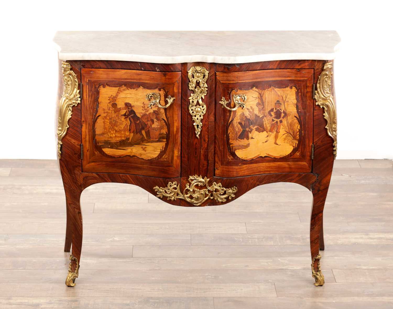 Lot 1159 - LOROMARD PARIS, AN EARLY 19TH CENTURY SIGNED LOUIS XV STYLE KINGWOOD AND MARQUETRY INLAID ORMOLU MOUNTED SERPENTINE FRONTED BOMBE SHAPED COMMODE