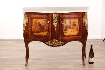Lot 1159 - LOROMARD PARIS, AN EARLY 19TH CENTURY SIGNED LOUIS XV STYLE KINGWOOD AND MARQUETRY INLAID ORMOLU MOUNTED SERPENTINE FRONTED BOMBE SHAPED COMMODE