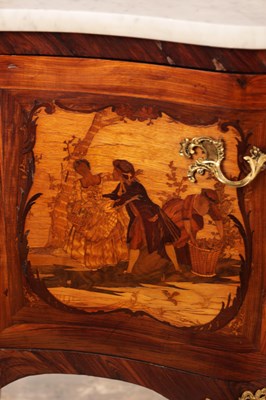 Lot 1159 - LOROMARD PARIS, AN EARLY 19TH CENTURY SIGNED LOUIS XV STYLE KINGWOOD AND MARQUETRY INLAID ORMOLU MOUNTED SERPENTINE FRONTED BOMBE SHAPED COMMODE