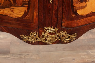 Lot 1159 - LOROMARD PARIS, AN EARLY 19TH CENTURY SIGNED LOUIS XV STYLE KINGWOOD AND MARQUETRY INLAID ORMOLU MOUNTED SERPENTINE FRONTED BOMBE SHAPED COMMODE