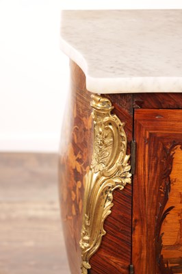 Lot 1159 - LOROMARD PARIS, AN EARLY 19TH CENTURY SIGNED LOUIS XV STYLE KINGWOOD AND MARQUETRY INLAID ORMOLU MOUNTED SERPENTINE FRONTED BOMBE SHAPED COMMODE