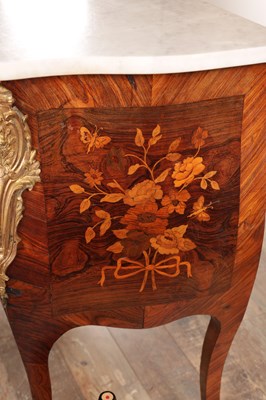 Lot 1159 - LOROMARD PARIS, AN EARLY 19TH CENTURY SIGNED LOUIS XV STYLE KINGWOOD AND MARQUETRY INLAID ORMOLU MOUNTED SERPENTINE FRONTED BOMBE SHAPED COMMODE