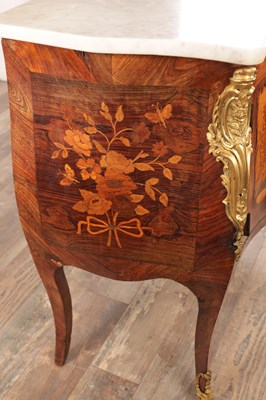 Lot 1159 - LOROMARD PARIS, AN EARLY 19TH CENTURY SIGNED LOUIS XV STYLE KINGWOOD AND MARQUETRY INLAID ORMOLU MOUNTED SERPENTINE FRONTED BOMBE SHAPED COMMODE