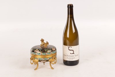 Lot 723 - ATT. FERDINAND BARBEDIENNE. A 19TH CENTURY FRENCH CHAMPLEVE ENAMEL AND GILT BRONZE FOOTED BOWL AND COVER