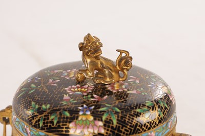 Lot 723 - ATT. FERDINAND BARBEDIENNE. A 19TH CENTURY FRENCH CHAMPLEVE ENAMEL AND GILT BRONZE FOOTED BOWL AND COVER