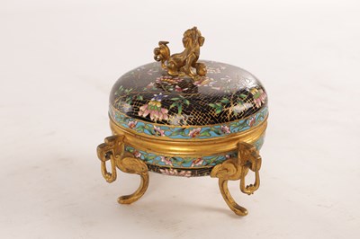 Lot 723 - ATT. FERDINAND BARBEDIENNE. A 19TH CENTURY FRENCH CHAMPLEVE ENAMEL AND GILT BRONZE FOOTED BOWL AND COVER