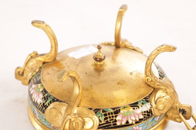 Lot 723 - ATT. FERDINAND BARBEDIENNE. A 19TH CENTURY FRENCH CHAMPLEVE ENAMEL AND GILT BRONZE FOOTED BOWL AND COVER