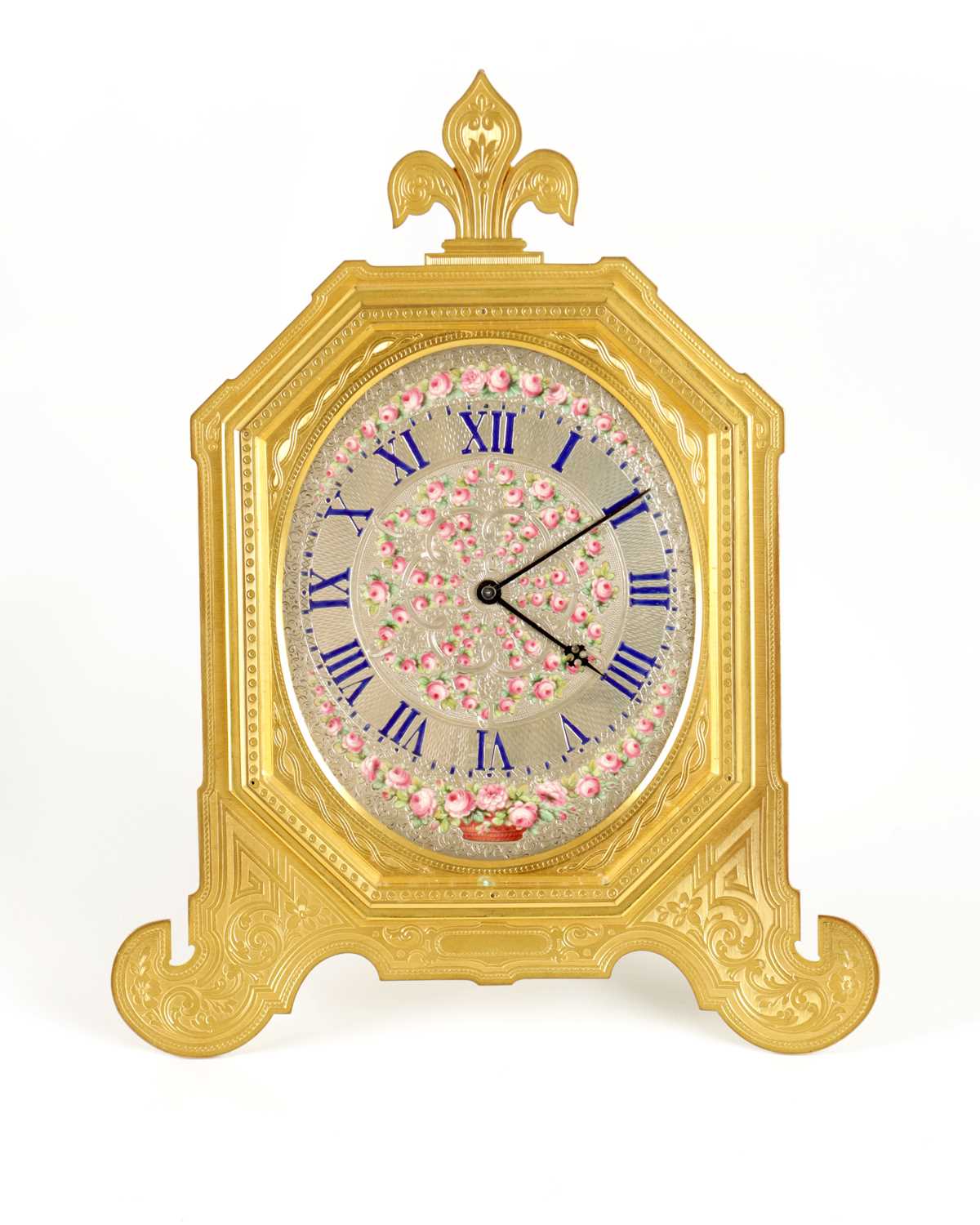 Lot 1691 - THOMAS COLE, LONDON. A RARE AND LARGE MID 19TH CENTURY GILT AND ENAMEL STRUT CLOCK