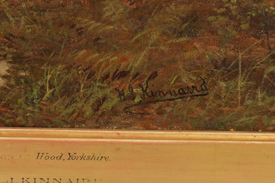 Lot 1042 - HENRY JOHN KINNAIRD (1880-1908). A 19TH CENTURY OIL ON CANVAS WOODLAND SCENE