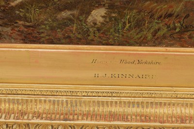 Lot 1042 - HENRY JOHN KINNAIRD (1880-1908). A 19TH CENTURY OIL ON CANVAS WOODLAND SCENE
