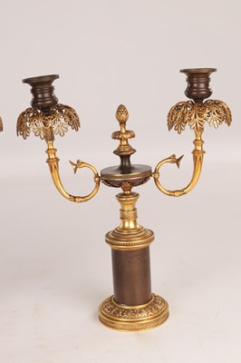 Lot 730 - A PAIR OF REGENCY FRENCH BRONZE AND GILT BRONZE TWO BRANCH CANDELABRA