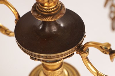 Lot 730 - A PAIR OF REGENCY FRENCH BRONZE AND GILT BRONZE TWO BRANCH CANDELABRA