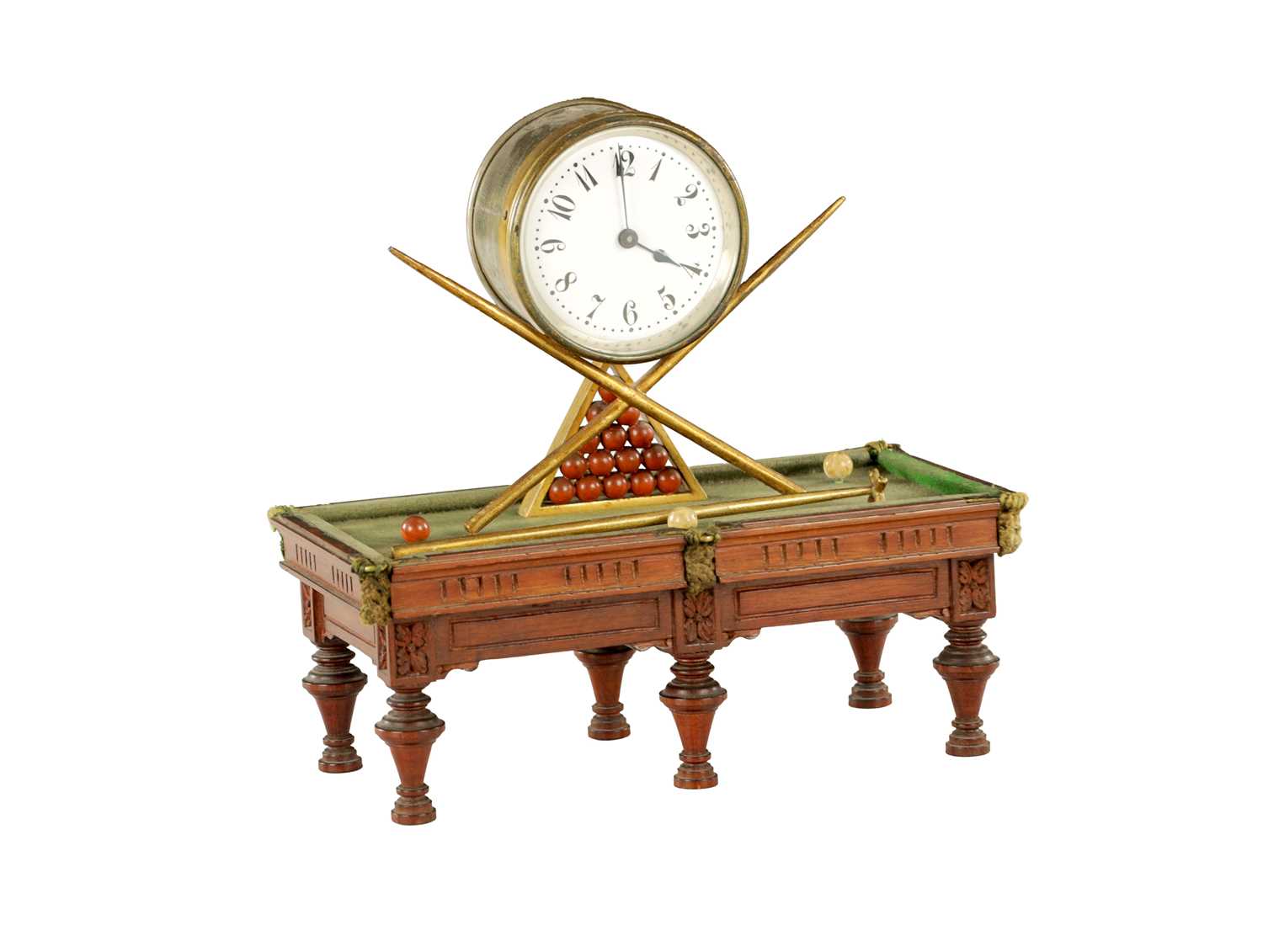 Lot 1478 - A RARE AND UNUSUAL LATE 19TH CENTURY NOVELTY MANTEL CLOCK FORMED AS A SNOOKER TABLE