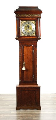 Lot 1422 - DAVID COLLIER, GATLEY. A MID 18TH CENTURY OAK AND BURR OAK CROSS-BANDED EIGHT-DAY LONGCASE CLOCK