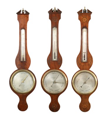 Lot 1423 - A SELECTION OF THREE GEORGE III SHERATON MAHOGANY WHEEL BAROMETERS