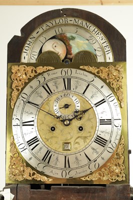 Lot 1532 - JOHN TAYLOR, MANCHESTER. AN UNUSUAL 18TH CENTURY OAK EIGHT-DAY WORLD TIME DIAL LONGCASE CLOCK