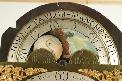Lot 1532 - JOHN TAYLOR, MANCHESTER. AN UNUSUAL 18TH CENTURY OAK EIGHT-DAY WORLD TIME DIAL LONGCASE CLOCK