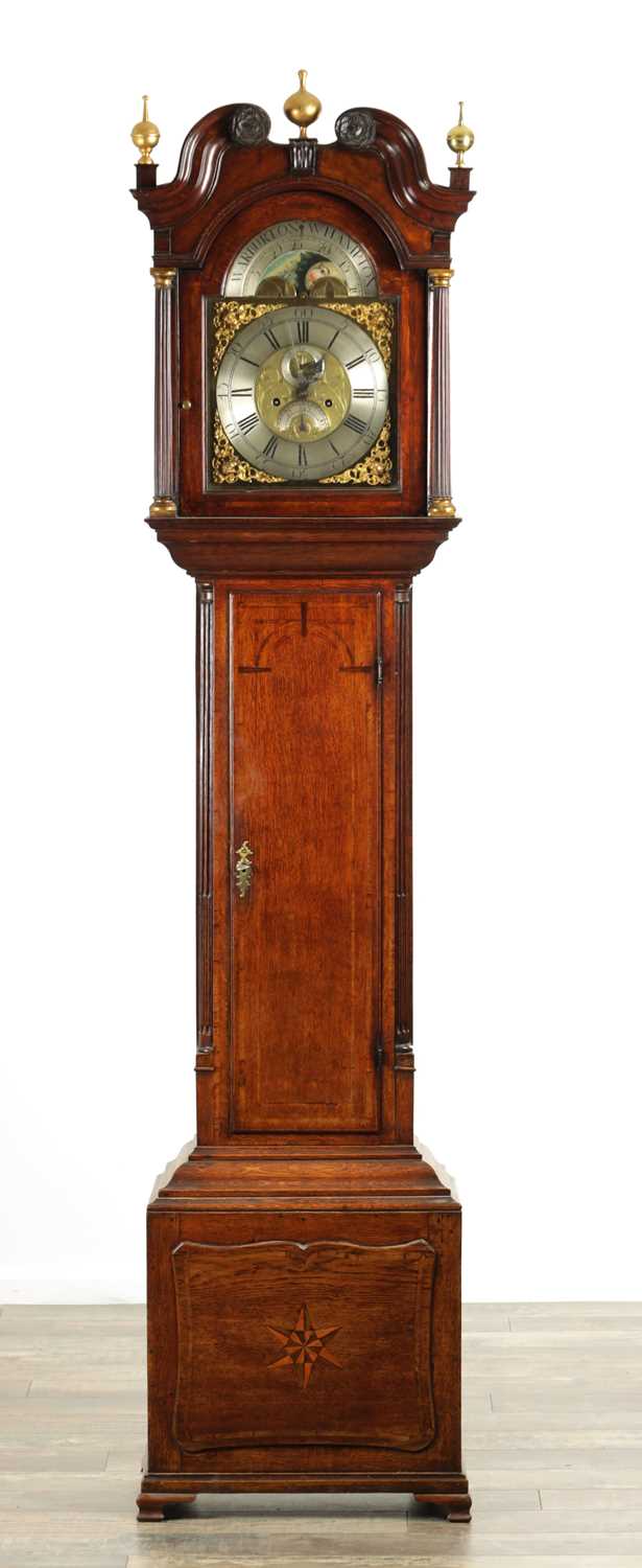 Lot 1460 - WARBURTON, WOLVERHAMPTON A GEORGE III EIGHT-DAY 12” BRASS MOON ROLLER INLAID OAK LONGCASE CLOCK