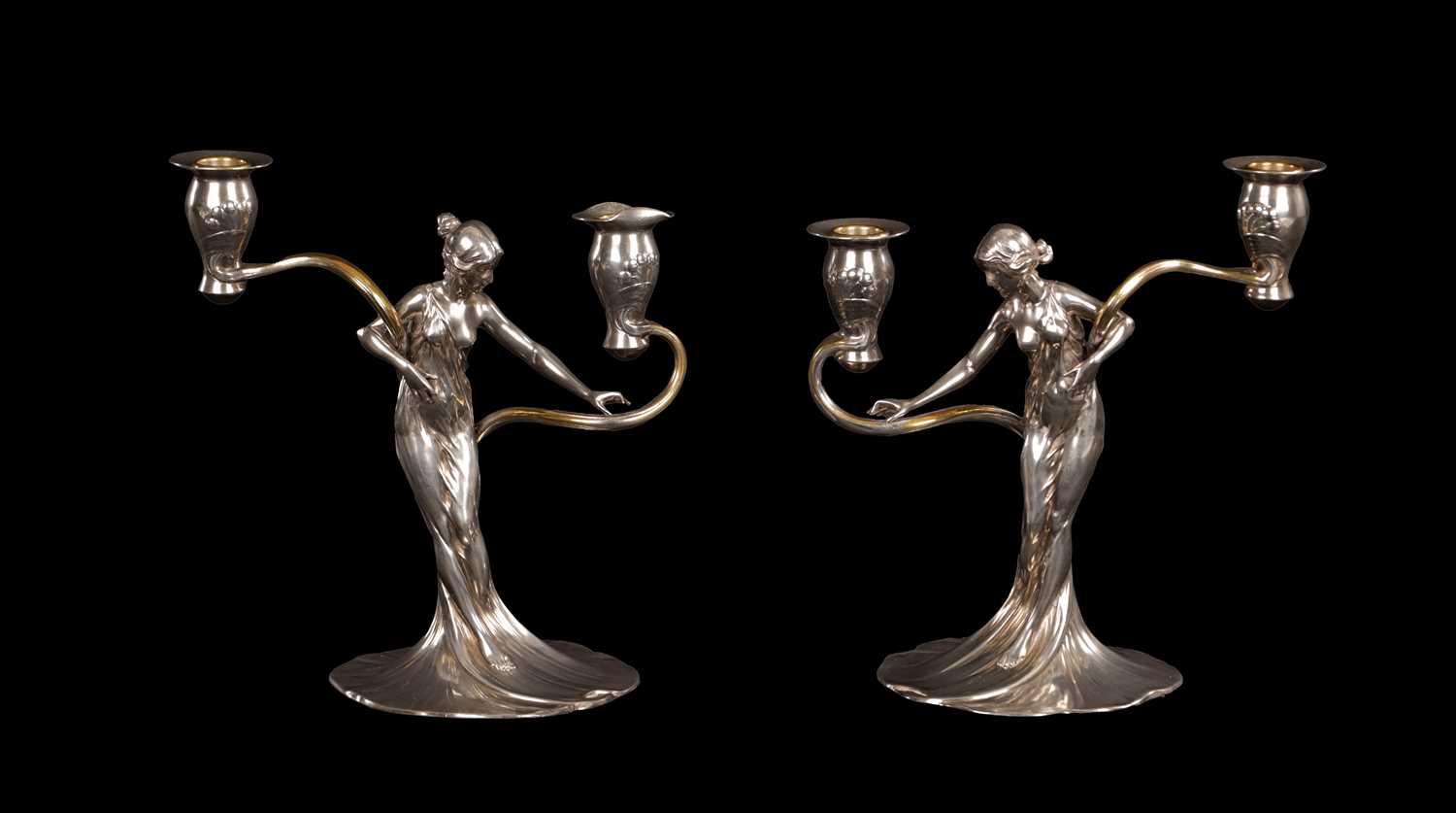 Lot 838 - A STYLISH PAIR OF WMF SILVERED METAL ART NOUVEAU CANDELABRA