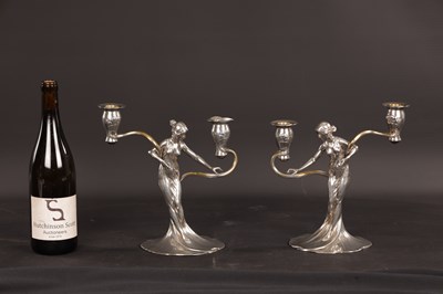 Lot 838 - A STYLISH PAIR OF WMF SILVERED METAL ART NOUVEAU CANDELABRA