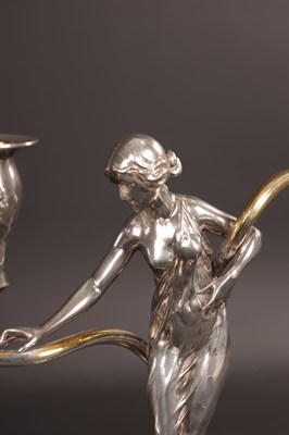 Lot 838 - A STYLISH PAIR OF WMF SILVERED METAL ART NOUVEAU CANDELABRA