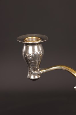 Lot 838 - A STYLISH PAIR OF WMF SILVERED METAL ART NOUVEAU CANDELABRA
