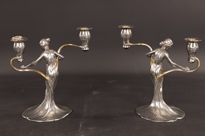 Lot 838 - A STYLISH PAIR OF WMF SILVERED METAL ART NOUVEAU CANDELABRA
