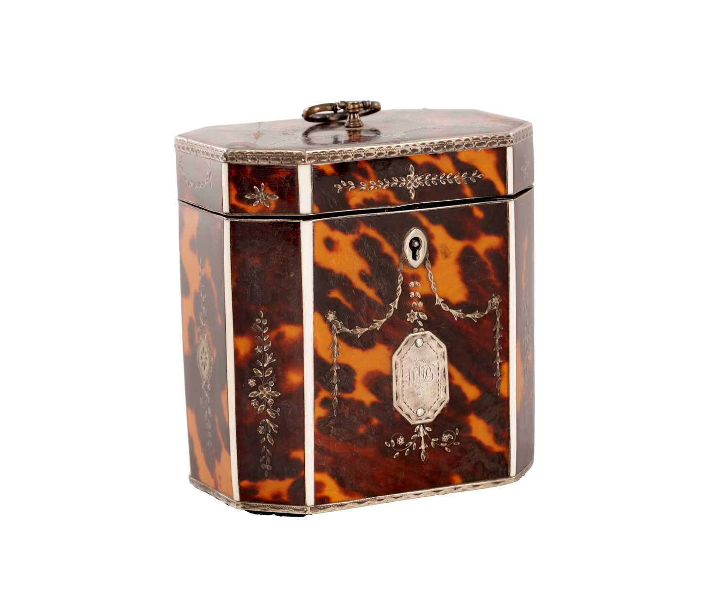 Lot 1075 - A FINE GEORGE III TORTOISESHELL AND SILVER PIQUE-WORK TEA CADDY OF SMALL PROPORTIONS