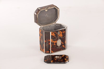 Lot 1075 - A FINE GEORGE III TORTOISESHELL AND SILVER PIQUE-WORK TEA CADDY OF SMALL PROPORTIONS