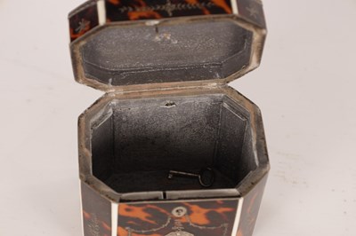 Lot 1075 - A FINE GEORGE III TORTOISESHELL AND SILVER PIQUE-WORK TEA CADDY OF SMALL PROPORTIONS