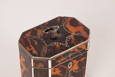 Lot 1075 - A FINE GEORGE III TORTOISESHELL AND SILVER PIQUE-WORK TEA CADDY OF SMALL PROPORTIONS