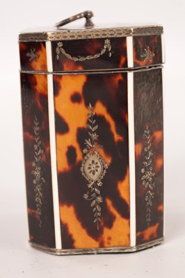 Lot 1075 - A FINE GEORGE III TORTOISESHELL AND SILVER PIQUE-WORK TEA CADDY OF SMALL PROPORTIONS