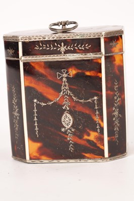 Lot 1075 - A FINE GEORGE III TORTOISESHELL AND SILVER PIQUE-WORK TEA CADDY OF SMALL PROPORTIONS