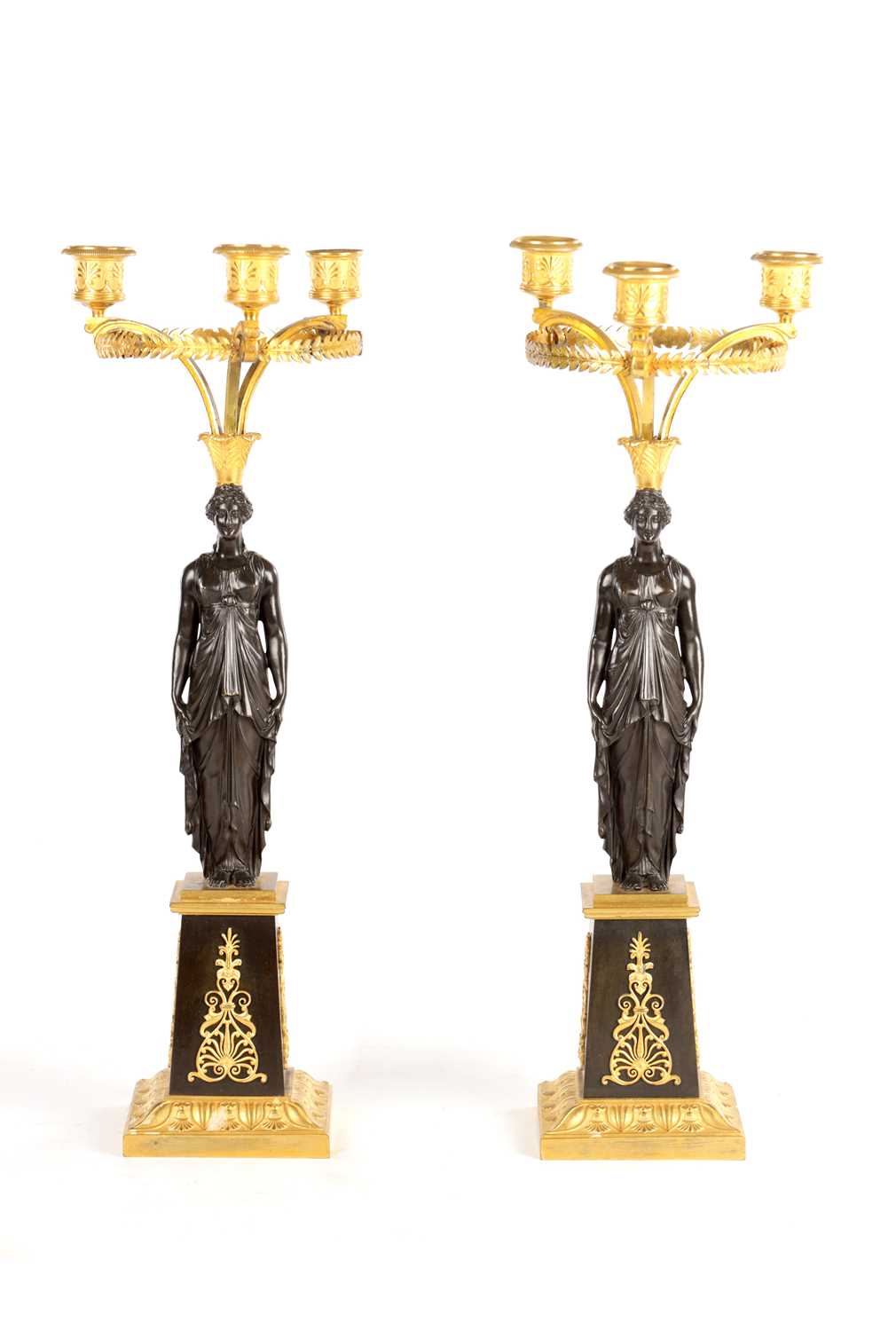 Lot 956 - A STYLISH PAIR OF 19TH CENTURY FRENCH EMPIRE BRONZE AND ORMOLU THREE BRANCH FIGURAL CANDELABRA