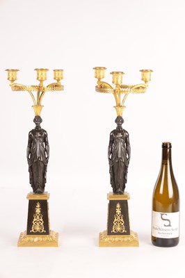 Lot 956 - A STYLISH PAIR OF 19TH CENTURY FRENCH EMPIRE BRONZE AND ORMOLU THREE BRANCH FIGURAL CANDELABRA