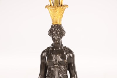 Lot 956 - A STYLISH PAIR OF 19TH CENTURY FRENCH EMPIRE BRONZE AND ORMOLU THREE BRANCH FIGURAL CANDELABRA