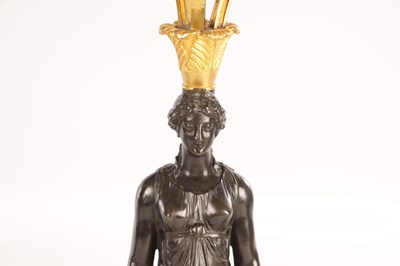 Lot 956 - A STYLISH PAIR OF 19TH CENTURY FRENCH EMPIRE BRONZE AND ORMOLU THREE BRANCH FIGURAL CANDELABRA