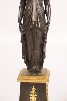 Lot 956 - A STYLISH PAIR OF 19TH CENTURY FRENCH EMPIRE BRONZE AND ORMOLU THREE BRANCH FIGURAL CANDELABRA