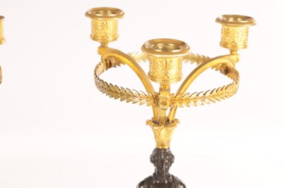 Lot 956 - A STYLISH PAIR OF 19TH CENTURY FRENCH EMPIRE BRONZE AND ORMOLU THREE BRANCH FIGURAL CANDELABRA