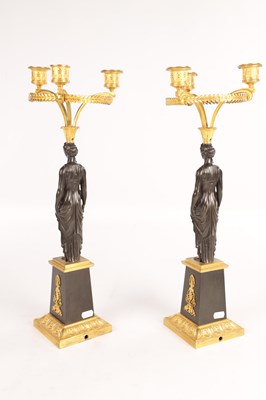 Lot 956 - A STYLISH PAIR OF 19TH CENTURY FRENCH EMPIRE BRONZE AND ORMOLU THREE BRANCH FIGURAL CANDELABRA