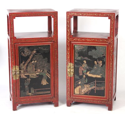 Lot 130 - A PAIR OF CHINESE RED LACQUER SIDE CABINETS...
