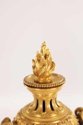 Lot 834 - A FINE PAIR OF LATE GEORGE III ORMOLU AND BLUE JOHN MANTEL URNS/CANDLE HOLDERS ON VEINED PINK MARBLE PEDESTAL BASES ATTRIBUTED TO MATTHEW BOULTON