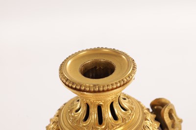 Lot 834 - A FINE PAIR OF LATE GEORGE III ORMOLU AND BLUE JOHN MANTEL URNS/CANDLE HOLDERS ON VEINED PINK MARBLE PEDESTAL BASES ATTRIBUTED TO MATTHEW BOULTON