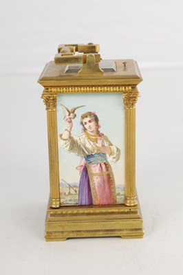 Lot 1504 - A LATE 19TH CENTURY FRENCH PORCELAIN PANELLED REPEATING CARRIAGE CLOCK