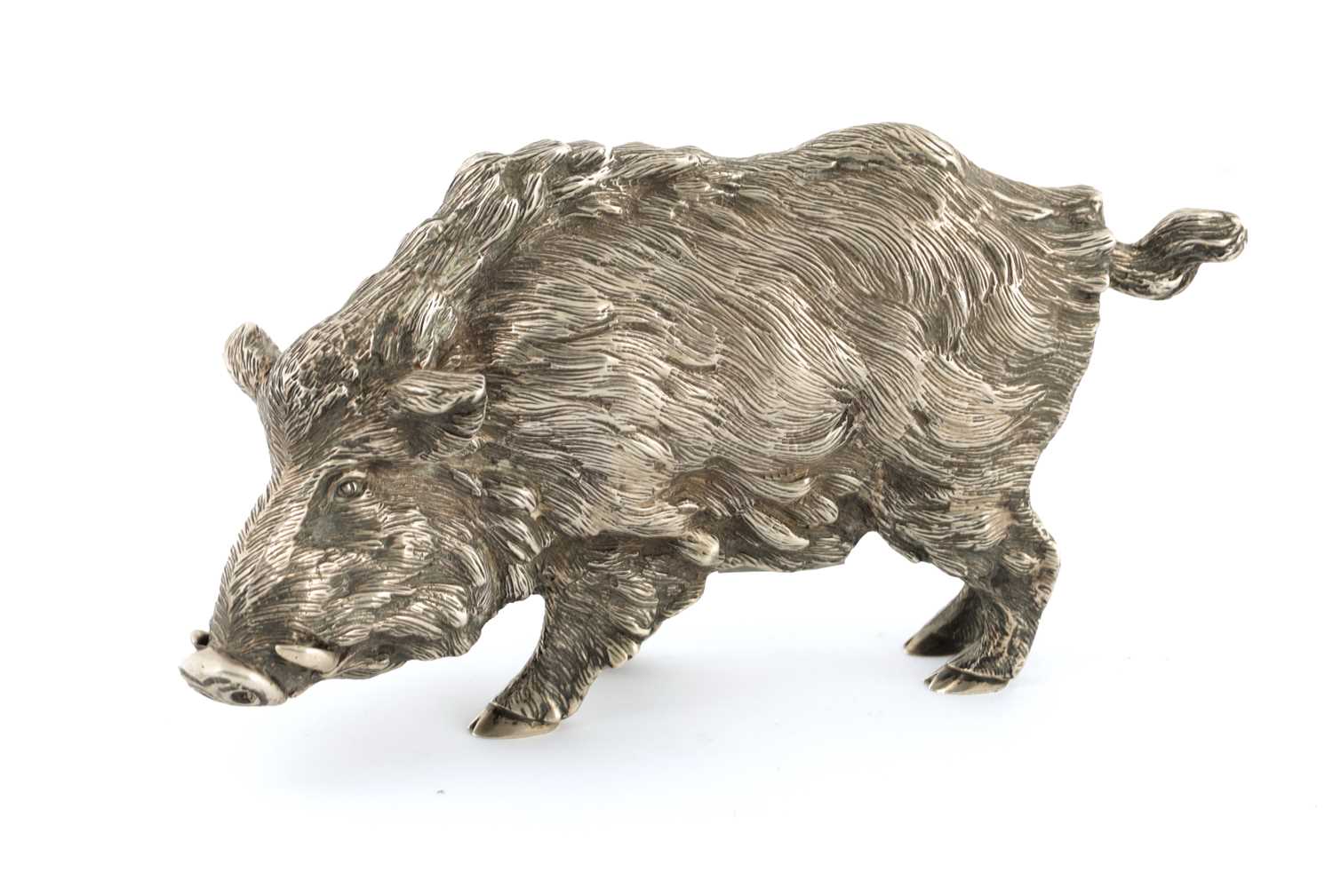 Lot 413 - AN EARLY 20TH CENTURY DUTCH SILVER MODEL OF A WILD BOAR