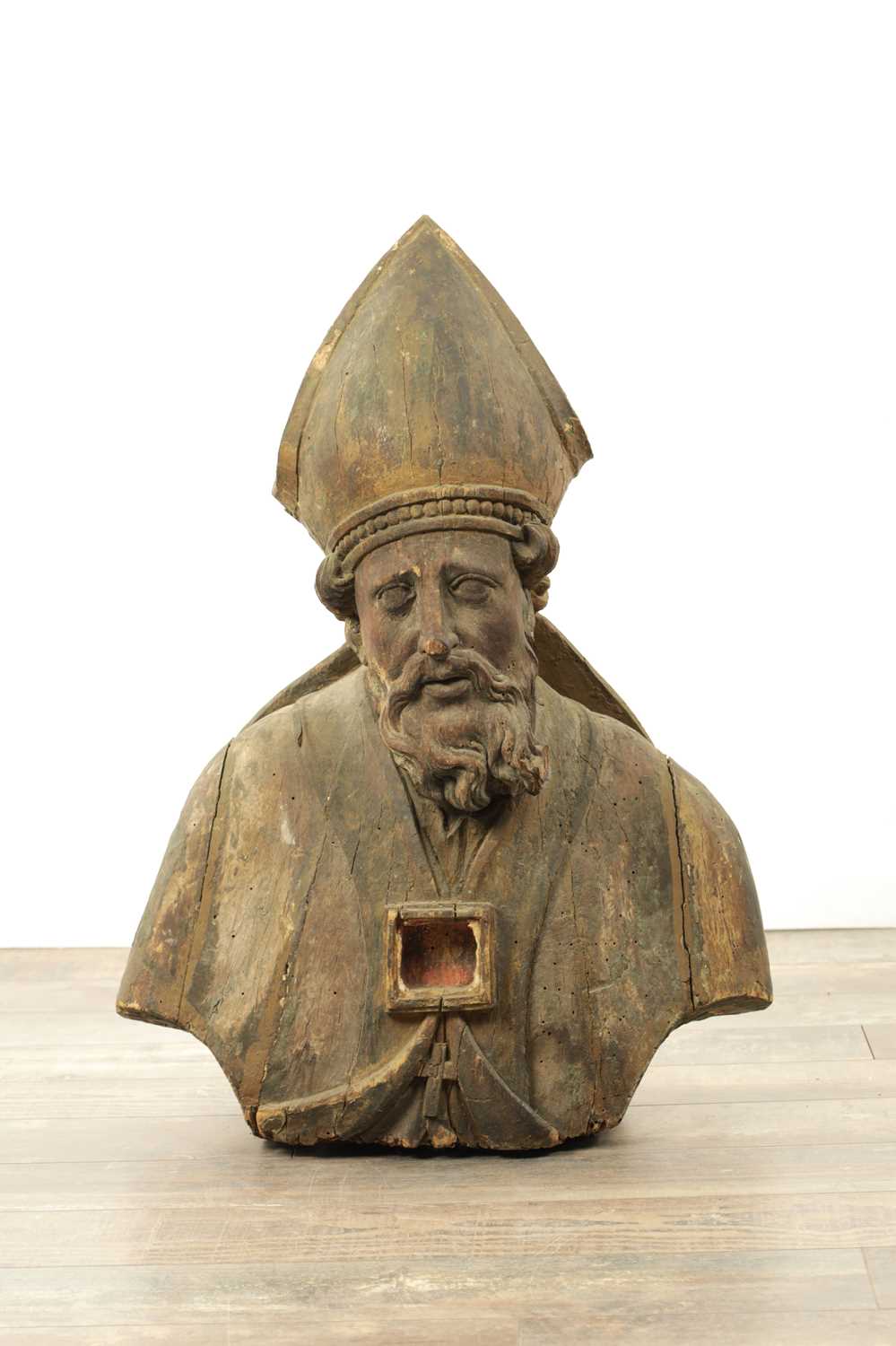 Lot 1090 - AN 18TH CENTURY ITALIAN POLYCHROME CARVED SCULPTURE OF A BISHOP