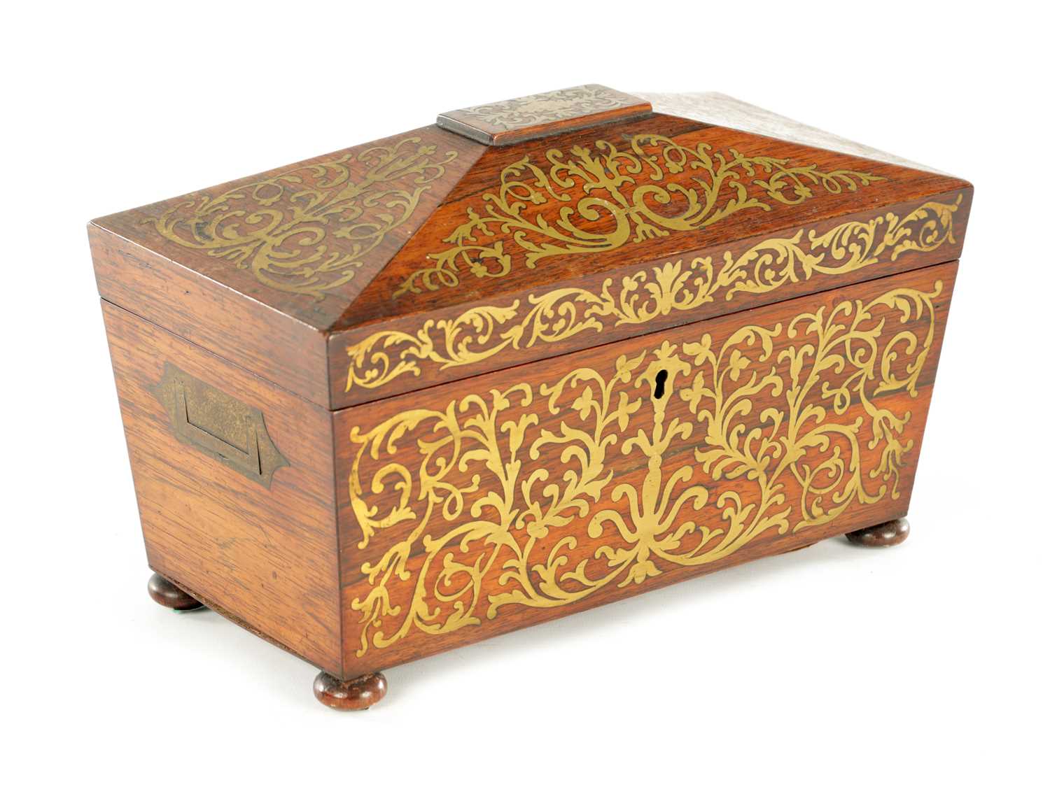 Lot 1145 - A REGENCY BRASS INLAID ROSEWOOD TEA CADDY