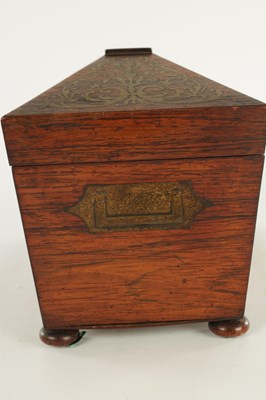 Lot 1145 - A REGENCY BRASS INLAID ROSEWOOD TEA CADDY